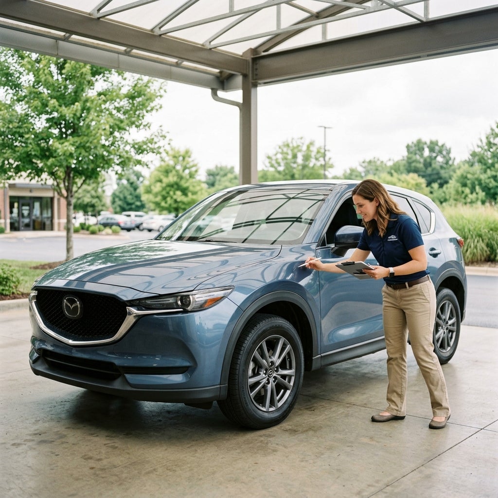 Service advisor in a navy polo inspecting a blue Mazda SUV with a clipboard under a dealership canopy. (Representative image for illustration purposes only. Actual vehicle may vary based on trim and configuration.)