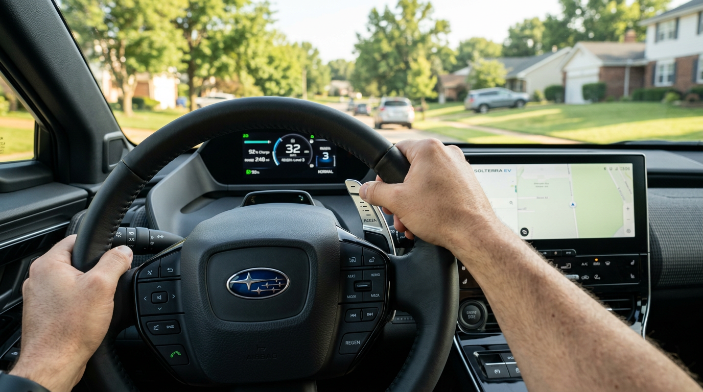 Hands on steering wheel of a Subaru car with dashboard and navigation screen visible (Representative image for illustration purposes only. Actual vehicle may vary based on trim and configuration.)