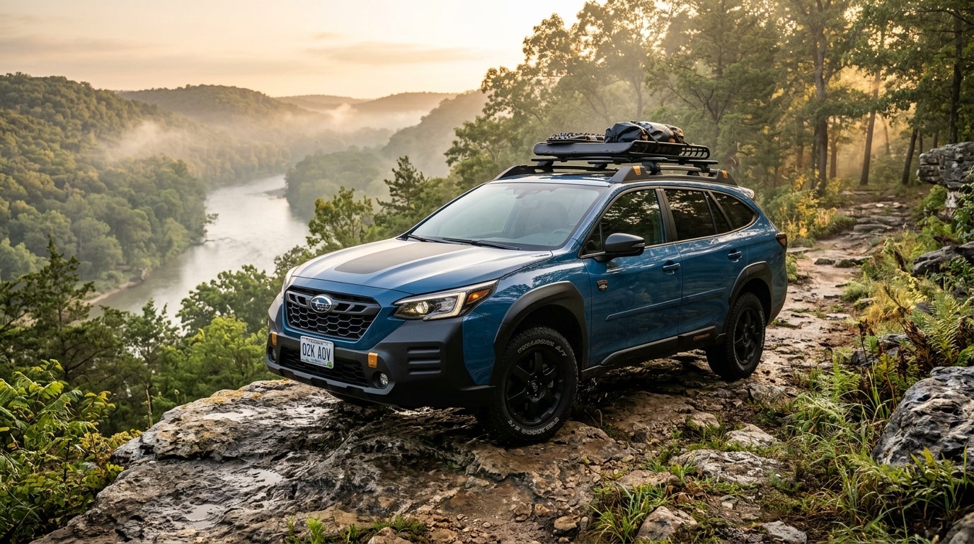 AI generated: A cinematic wide-angle shot of the 2026 Subaru Outback Wilderness perched on a rugged limestone ledge in the Missouri Ozarks at dawn, the vehicle finished in a deep metallic Geyser Blue with matte black protective cladding and distinctive copper-colored accents, low-angle perspective emphasizing the high ground clearance and aggressive all-terrain tires, warm golden hour sunlight filtering through a misty canopy of oak and hickory trees, a winding river valley visible in the soft-focus background, damp rocky trail textures, crisp morning atmosphere, photorealistic automotive photography, professional lighting, vibrant natural earth tones, adventurous and serene mood, 8k resolution.