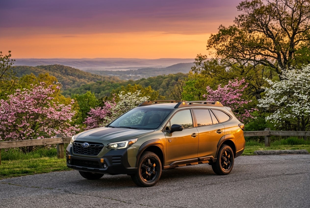 A new Subaru Outback parked in a scenic Sunset Hills location with spring greenery in the background