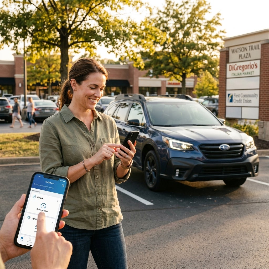 Woman using a smartphone app near a blue Subaru Outback in a shopping plaza parking lot. (Representative image for illustration purposes only. Actual vehicle may vary based on trim and configuration.)