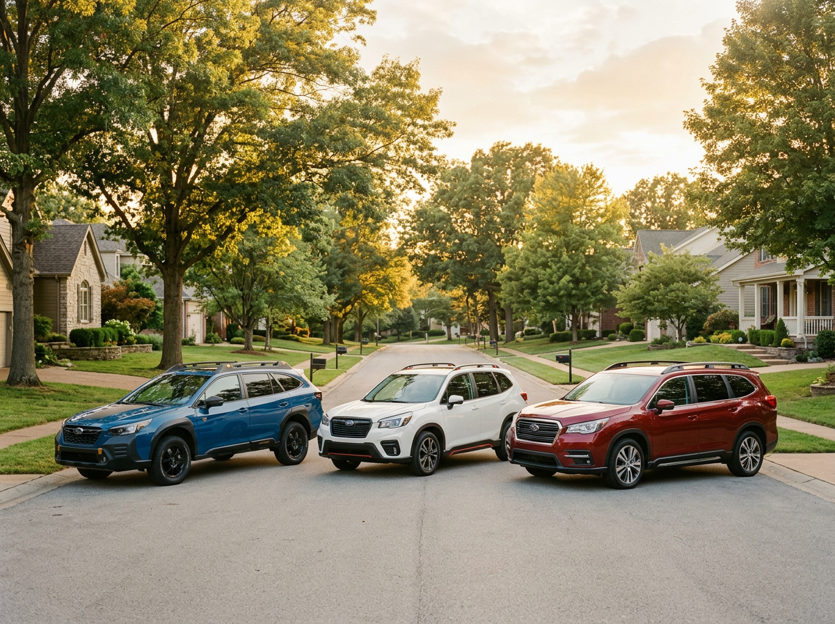 Three Subaru SUVs, blue, white, and red, parked side-by-side in a tree-lined suburban street. (Representative image for illustration purposes only. Actual vehicle may vary based on trim and configuration.)