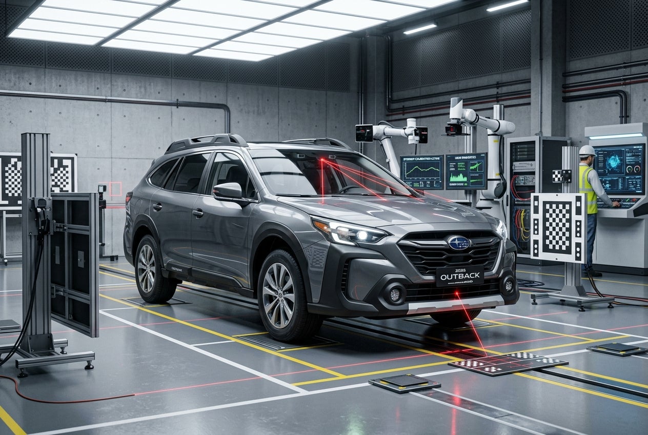 A grey Subaru Outback undergoing safety sensor and camera laser calibration inside a modern testing facility. (Representative image for illustration purposes only. Actual vehicle may vary based on trim and configuration.)