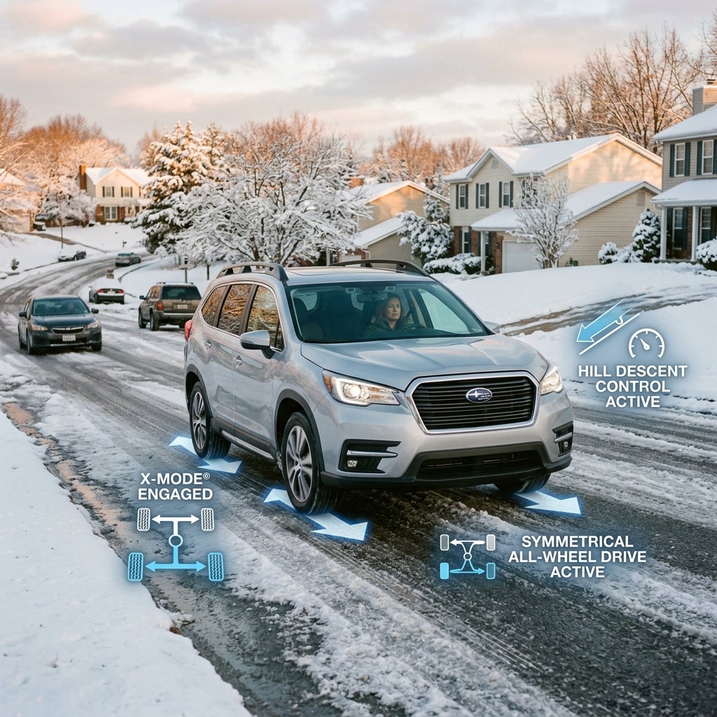 AI generated: A hyper-realistic 2026 Subaru Ascent confidently navigating an icy winter morning in Sunset Hills, Missouri. The SUV is traveling along a snow-dusted, hilly residential street inspired by the terrain surrounding Watson Road, with patches of ice visible on the pavement. The Ascent remains composed and stable while neighboring vehicles cautiously navigate the slick conditions. Subtle futuristic holographic overlays visualize Subaru’s X-MODE® technology actively working beneath the vehicle—showing optimized torque distribution, enhanced Symmetrical All-Wheel Drive engagement, controlled wheel braking, and traction management on slippery surfaces. Another overlay highlights Hill Descent Control as the vehicle carefully descends a steep, icy neighborhood hill with complete confidence. Through the windshield, the driver appears calm and focused, while the vehicle maintains a steady speed despite challenging conditions. Fresh snowfall covers trees, rooftops, and lawns, while a dramatic winter sunrise casts warm light across the frozen landscape. Ultra-detailed automotive photography, realistic snow and ice textures, cinematic lighting, premium SUV styling, 8K resolution, professional Subaru advertising quality, focus on winter safety, advanced traction technology, family confidence, and all-weather capability.