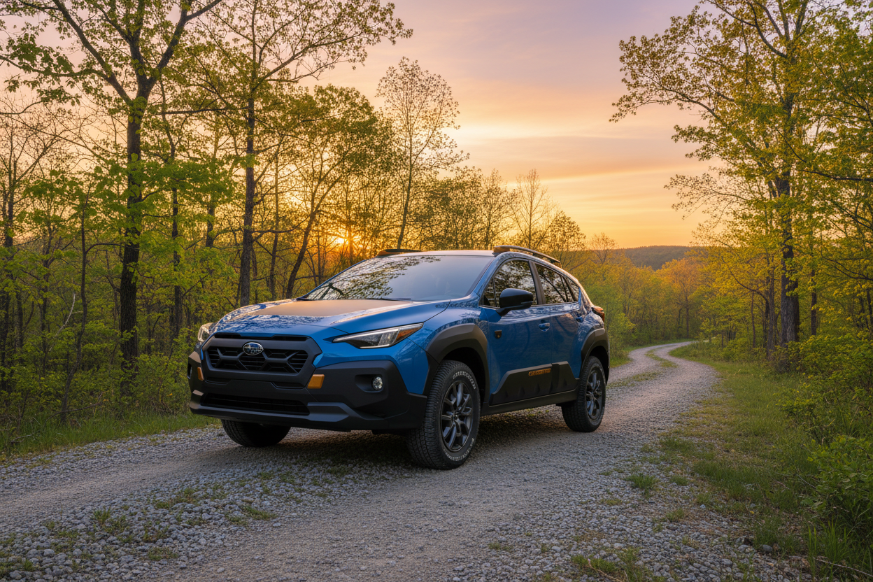 A scenic view of the 2026 Subaru Crosstrek parked near a Missouri trailhead during sunset.