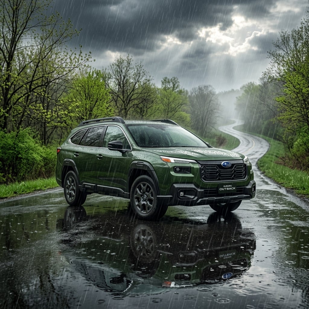 A Subaru driving through a scenic Missouri landscape during a spring rainstorm