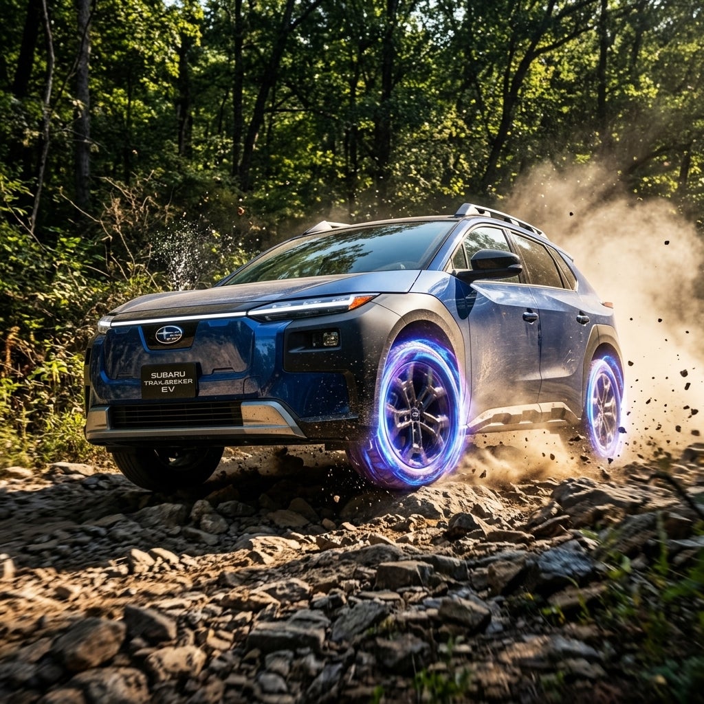 AI generated: 2026 Subaru Trailseeker EV crawling over large rocks on a rugged Missouri gravel road, dramatic low-angle perspective, dust and gravel flying beneath the tires, glowing electric torque effects around the wheels, dense Ozark forest backdrop, bold adventure atmosphere, premium automotive commercial style, high contrast, vibrant colors