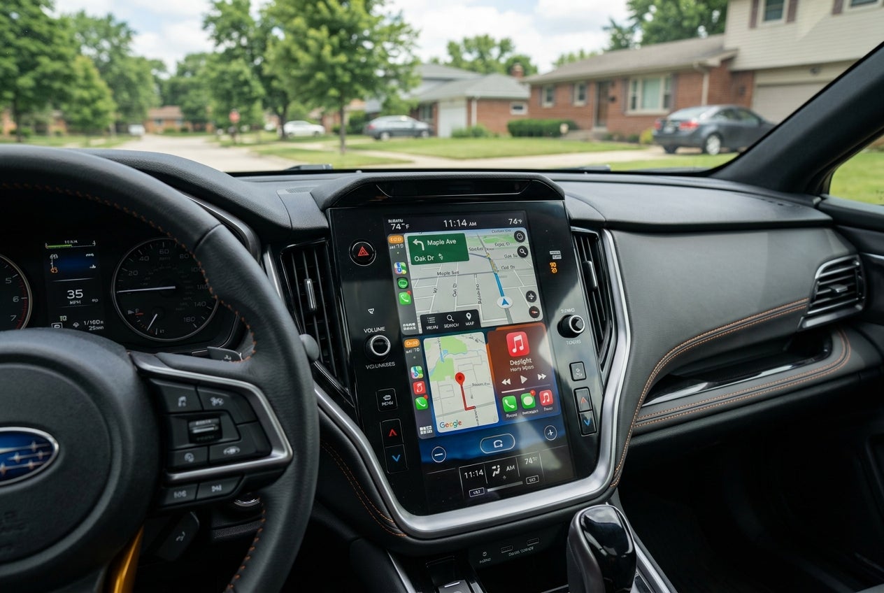 View from the driver's seat of a Subaru showing a large center touchscreen running Apple CarPlay navigation. (Representative image for illustration purposes only. Actual vehicle may vary based on trim and configuration.)