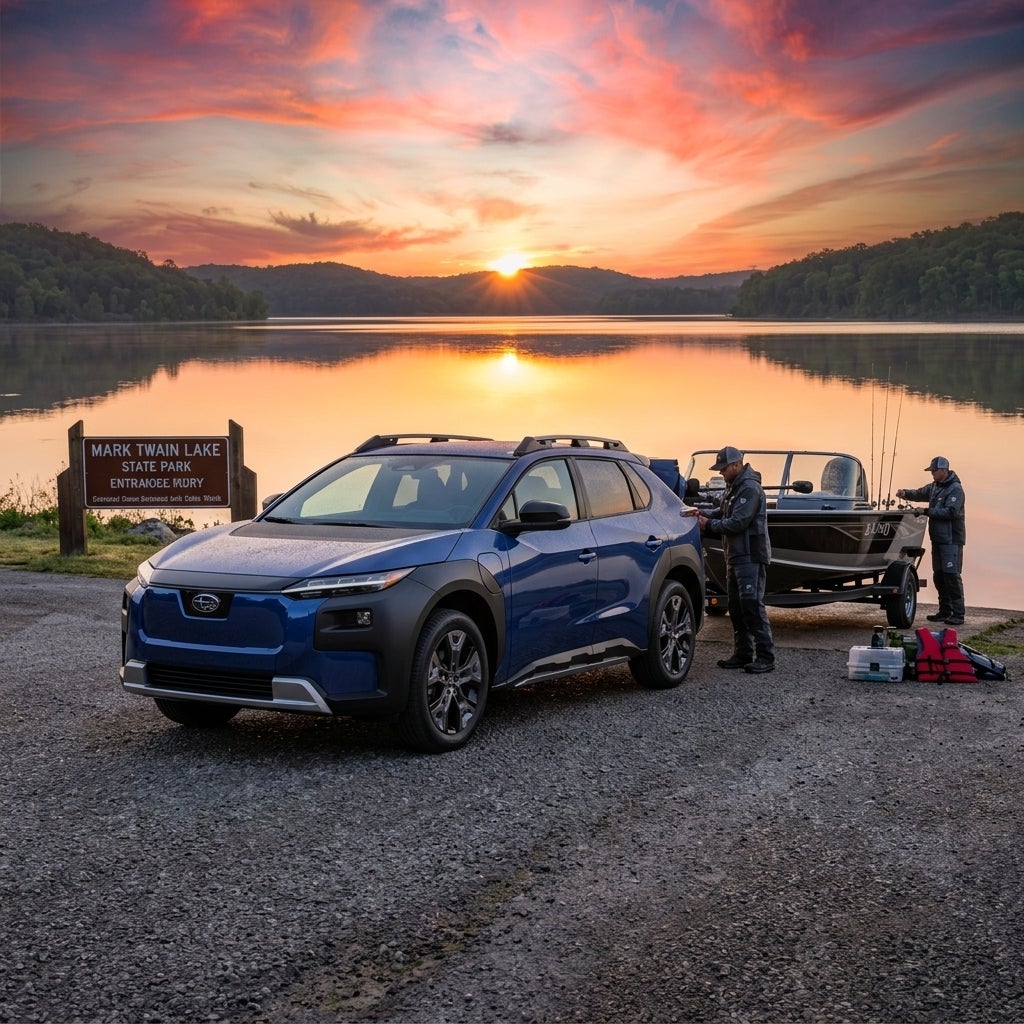 AI generated: Hyper-realistic lifestyle scene showing a 2026 Subaru Trailseeker EV arriving at Mark Twain Lake at sunrise while towing a fishing boat, calm water reflecting the colorful sky, anglers preparing for a day on the lake, premium electric SUV positioned prominently in the foreground, cinematic atmosphere, outdoor recreation theme, award-winning automotive photography, ultra-detailed 8K realism, inspiring sense of freedom and capability.