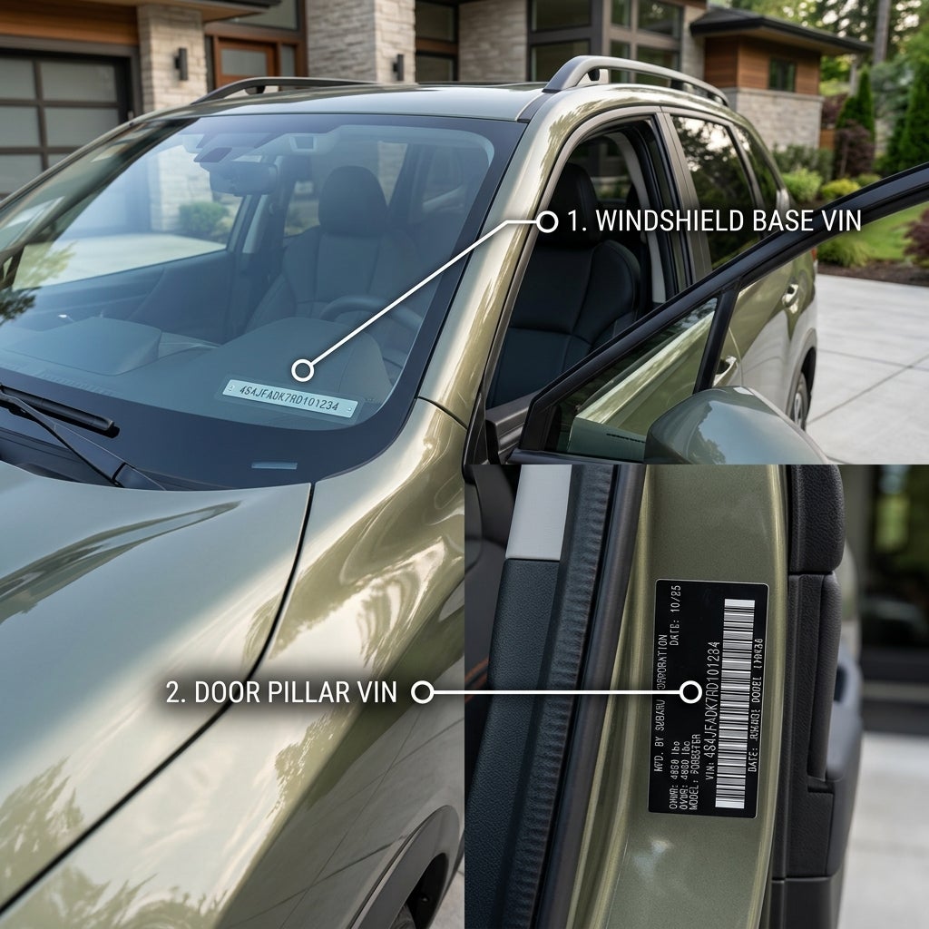 AI generated: A hyper-realistic close-up of a 2026 Subaru Forester parked in a bright, modern driveway, focusing on the vehicle's unique 17-character VIN. The image highlights two VIN locations simultaneously: one visible through the driver's side windshield at the base of the dashboard and another on the manufacturing sticker located on the driver's side door pillar with the door open. Subtle digital callouts and clean infographic-style overlays point directly to each VIN location, making identification easy for vehicle owners. The VIN characters are sharp and readable while remaining realistic. The scene conveys trust, clarity, and vehicle ownership education rather than sales. Natural daylight, ultra-detailed automotive photography, realistic reflections on glass and paint, professional service-advisor visual style, 8K resolution, clean composition, dealership-quality educational marketing image, emphasis on helping customers quickly locate their VIN for recall verification and vehicle information purposes.