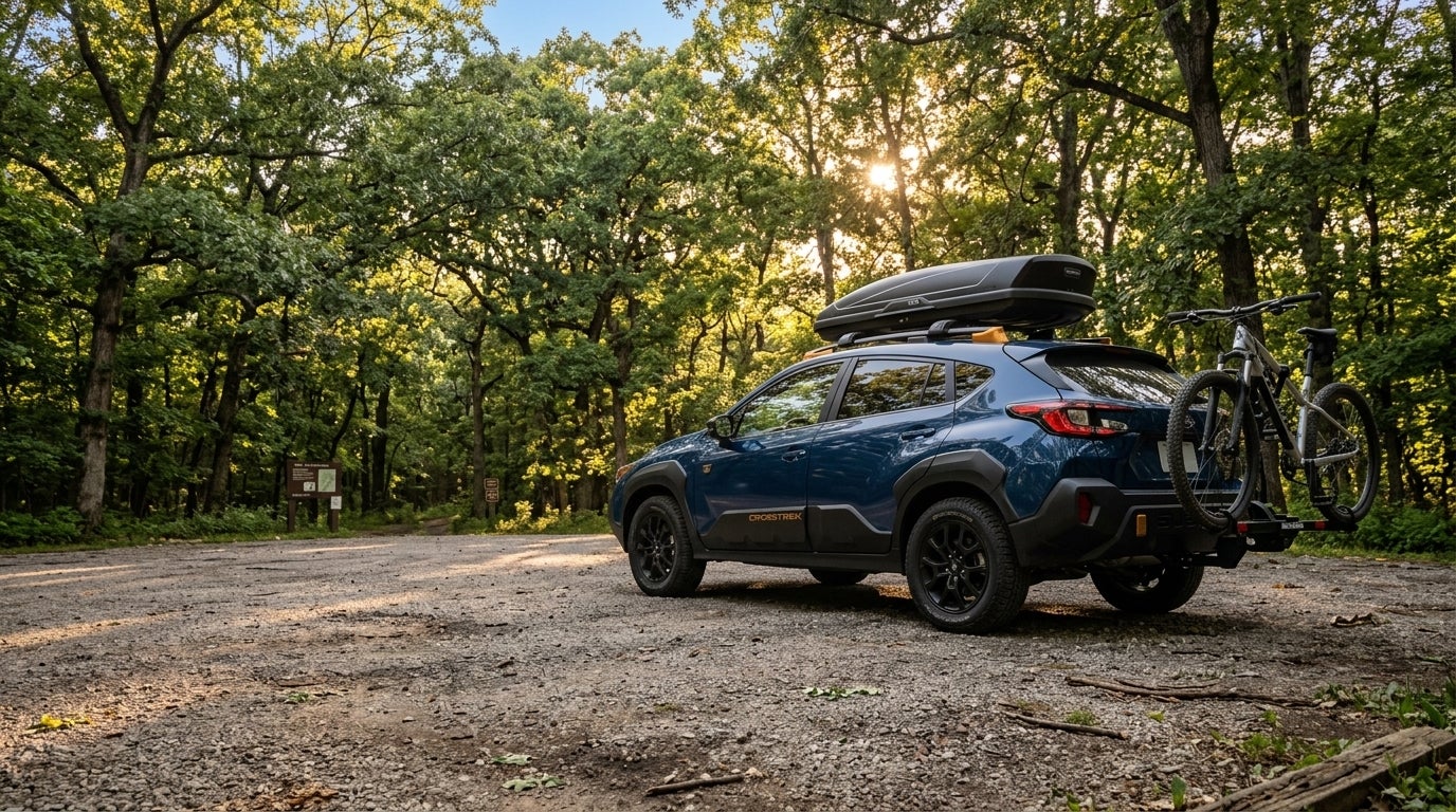 Blue Subaru Crosstrek with a roof cargo box and a mountain bike on a hitch rack parked in a forest clearing. (Representative image for illustration purposes only. Actual vehicle may vary based on trim and configuration.)