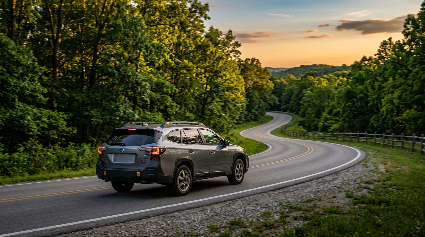 A silver Subaru Outback drives along a winding two-lane road winding through lush green forests at sunset. (Representative image for illustration purposes only. Actual vehicle may vary based on trim and configuration.)
