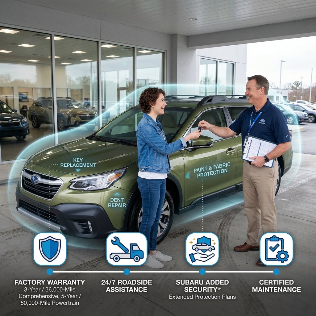 AI generated: Show a brand-new Subaru being delivered to a happy owner at a dealership. A timeline begins with a shield icon labeled 'Factory Warranty.' Include visual indicators showing the vehicle protected during the initial ownership period.