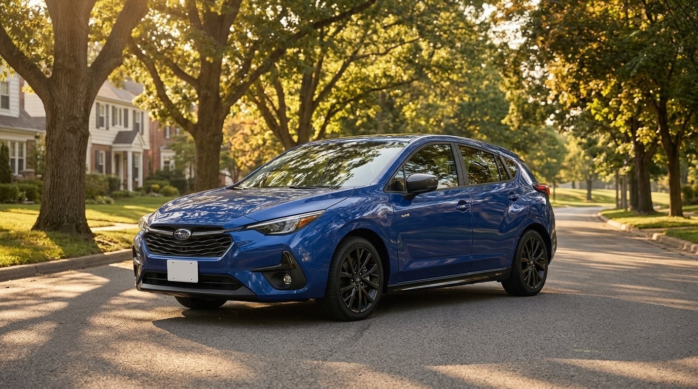 A blue Subaru Impreza hatchback parked on a tree-lined residential street during golden hour. (Representative image for illustration purposes only. Actual vehicle may vary based on trim and configuration.)