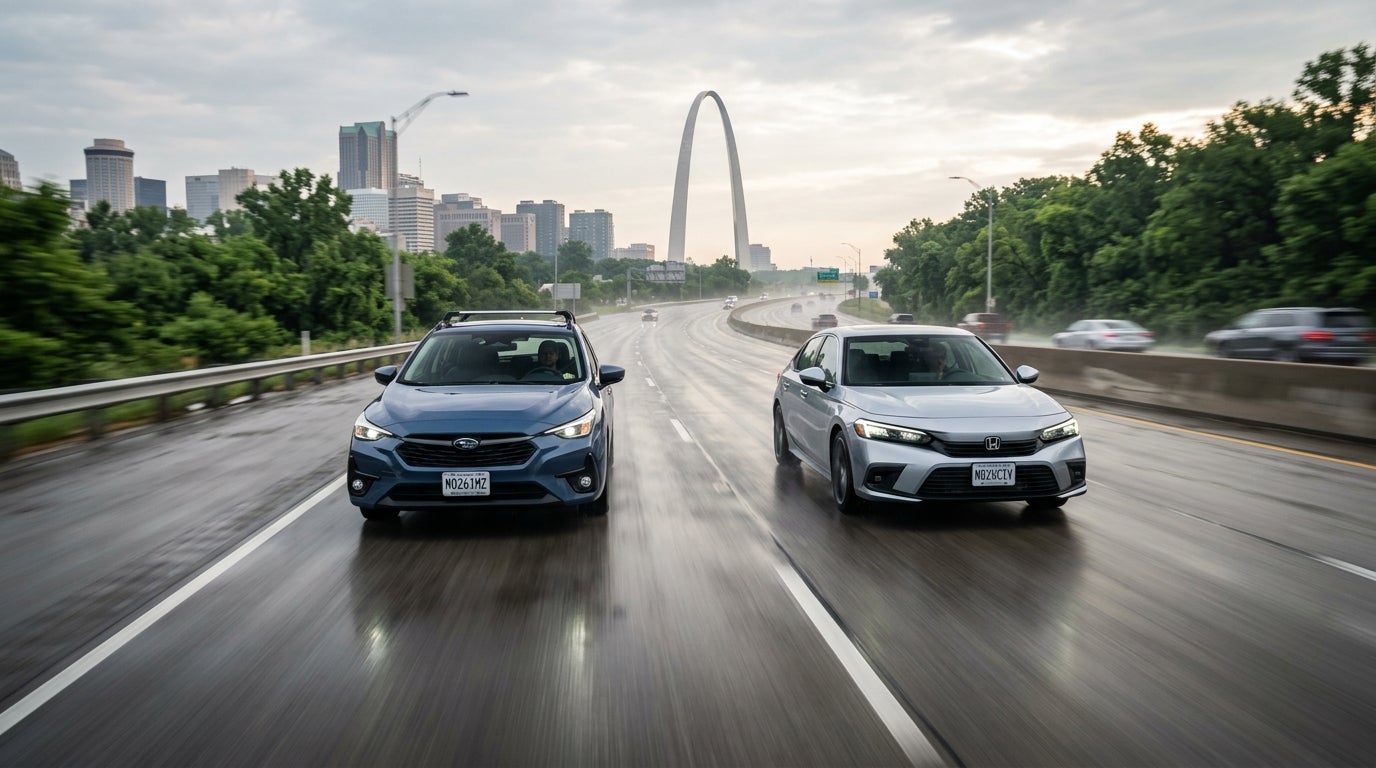 AI generated: A dynamic tracking shot of a 2026 Subaru Impreza hatchback and a sleek Honda Civic sedan driving side-by-side on a multi-lane highway in St. Louis, the iconic Gateway Arch standing tall in the distant hazy morning horizon, the lush greenery of Forest Park lining the roadside, low-angle perspective emphasizing motion and speed, realistic wet asphalt reflecting the cool blue of the Subaru and the polished metallic silver of the Civic, dramatic morning light breaking through soft grey clouds, a sense of urban energy and daily commuting, professional automotive photography style, high contrast, vibrant yet natural color palette, sharp focus on the vehicles with a slight motion blur in the background to convey 70 mph travel, no text or logos.