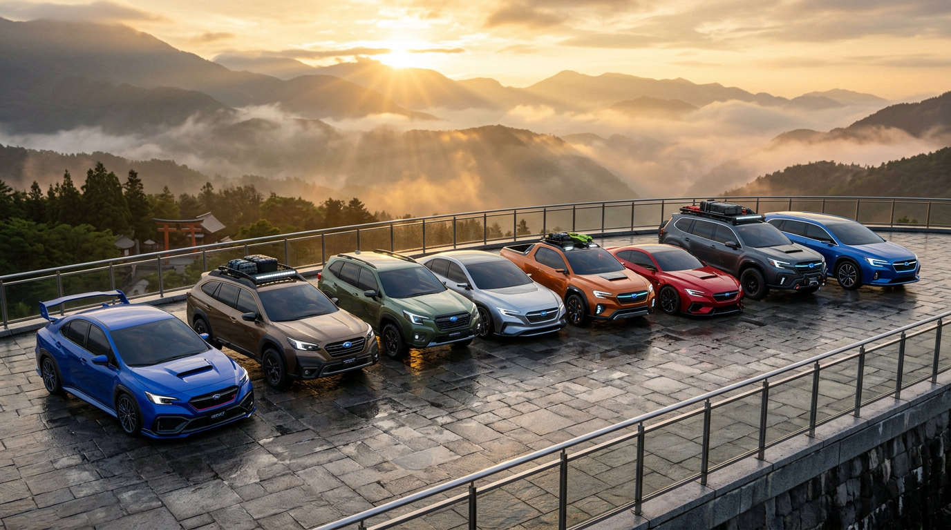 Seven Subaru cars in various colors lined up on a rooftop at sunrise with mountains in the background. (Representative image for illustration purposes only. Actual vehicle may vary based on trim and configuration.)