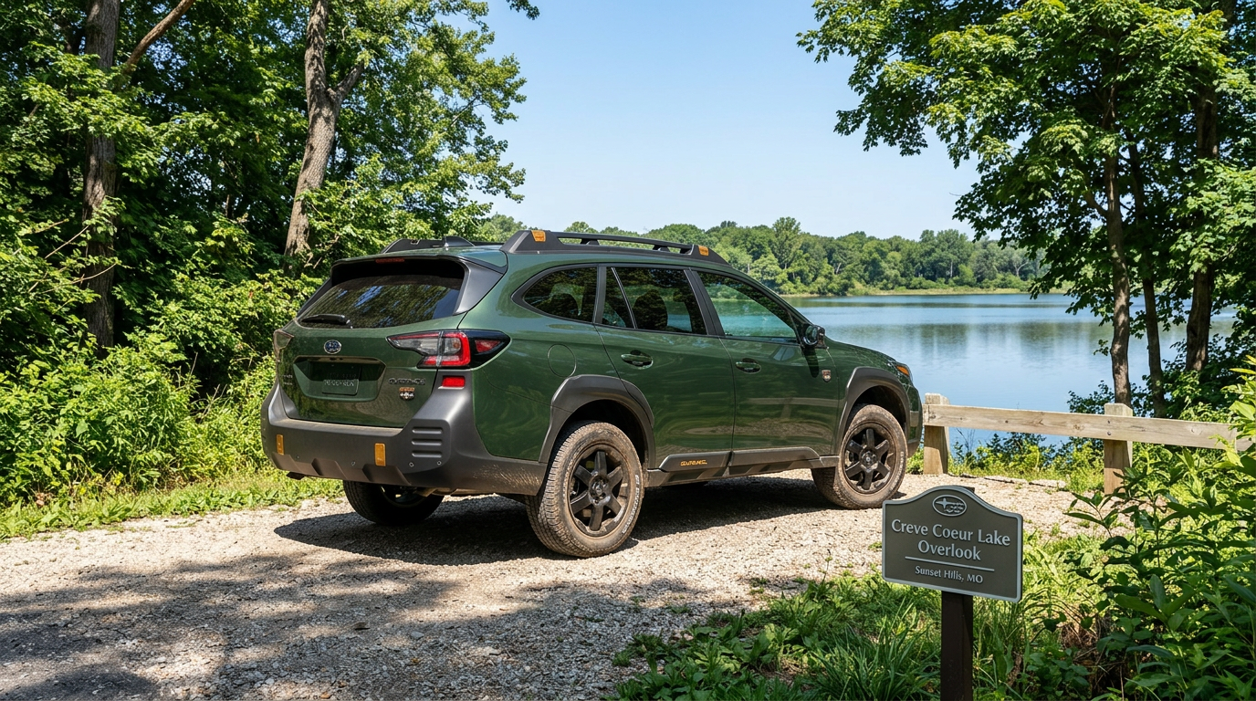 Green Subaru Outback Wilderness parked at Creve Coeur Lake Overlook. (Representative image for illustration purposes only. Actual vehicle may vary based on trim and configuration.)