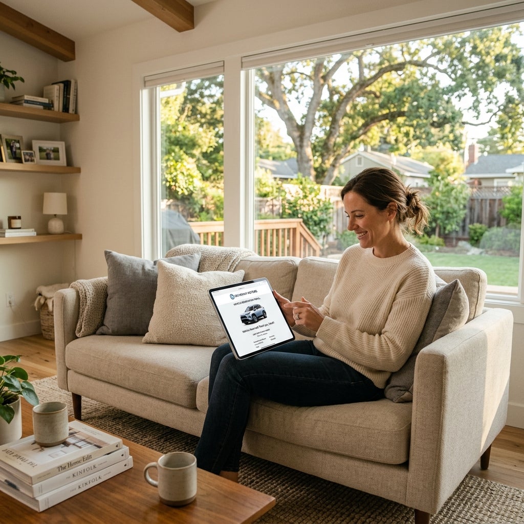 Woman sitting on a sofa using a tablet to shop for cars online. (Representative image for illustration purposes only. Actual vehicle may vary based on trim and configuration.)