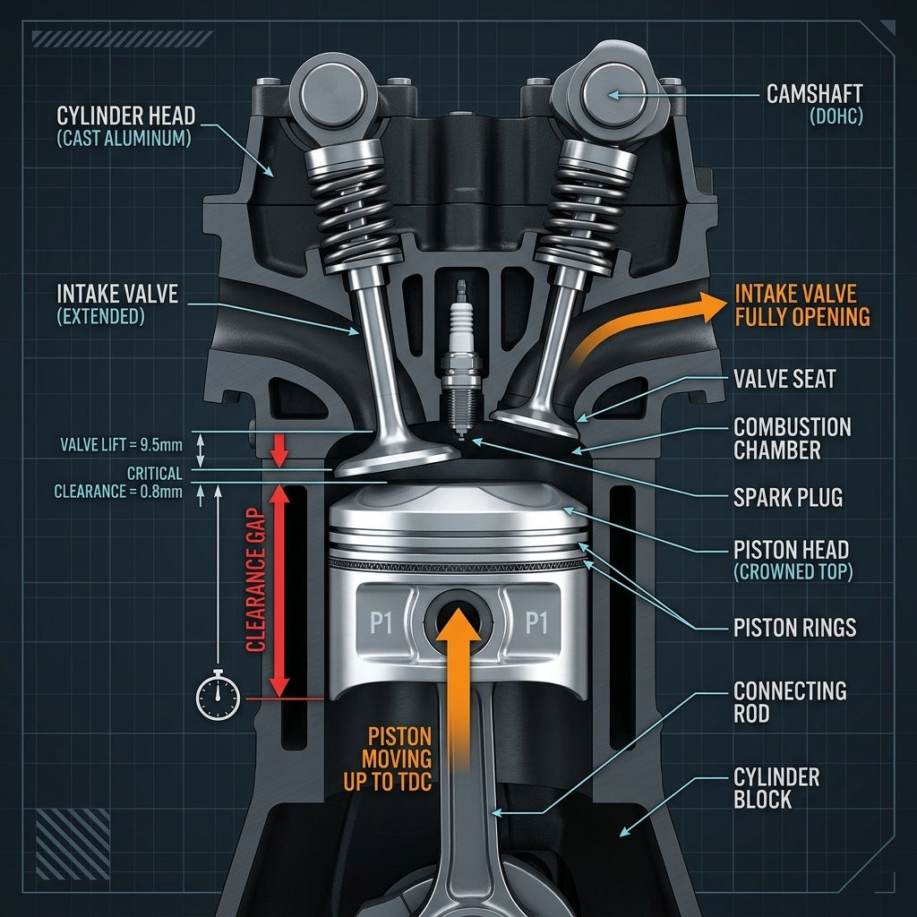 Technical diagram showing a cross-section of an internal combustion engine cylinder head and moving piston. (Representative image for illustration purposes only. Actual vehicle may vary based on trim and configuration.)