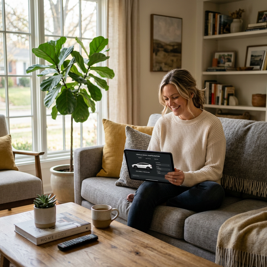 A woman smiles while using a tablet to customize a white car on a leasing configuration website at home. (Representative image for illustration purposes only. Actual vehicle may vary based on trim and configuration.)