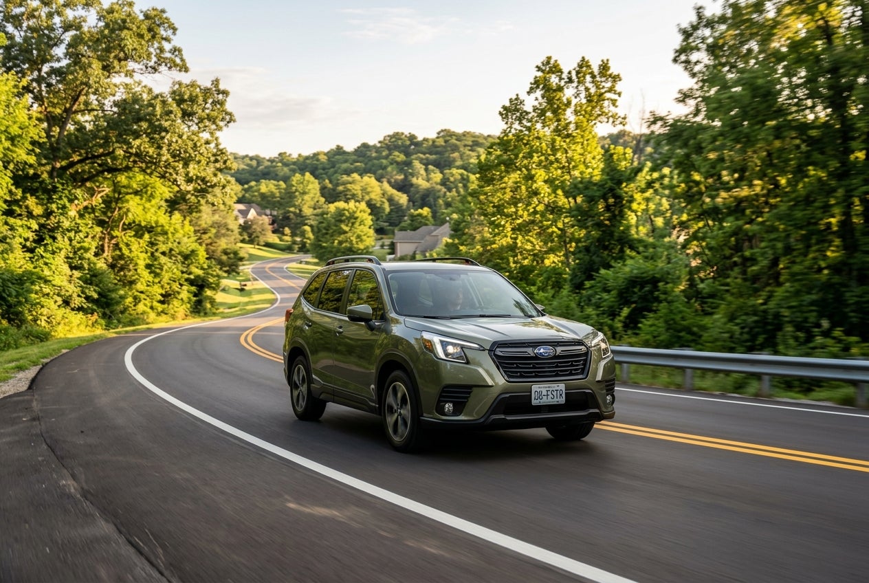 Green Subaru Forester driving along a winding paved road through lush forest scenery. (Representative image for illustration purposes only. Actual vehicle may vary based on trim and configuration.)
