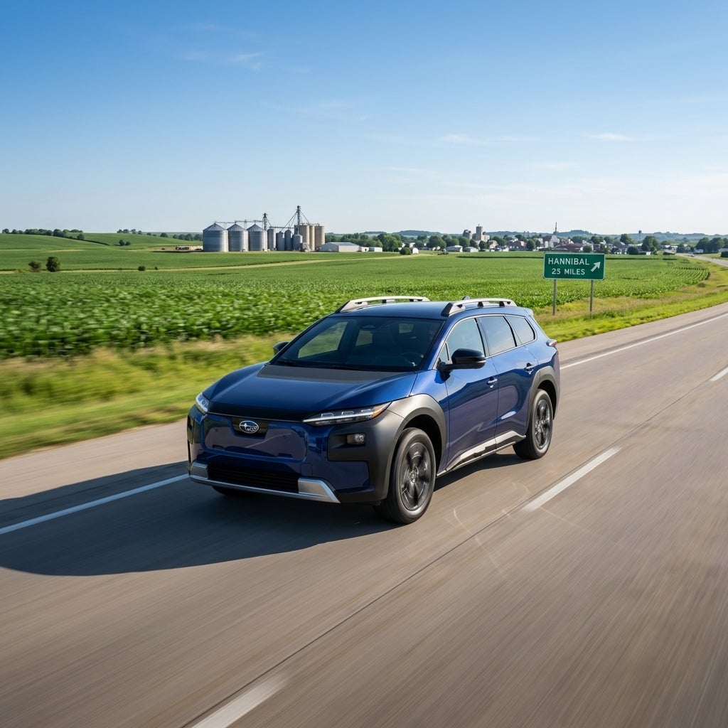 AI generated: Photorealistic 2026 Subaru Trailseeker driving north toward Hannibal, Missouri on an expansive highway surrounded by lush farmland, grain silos and rural landscapes visible in the distance, crystal-clear summer day, peaceful open-road environment, luxury adventure vehicle, cinematic automotive commercial style, highly detailed reflections, ultra-realistic textures, 8K professional photography.