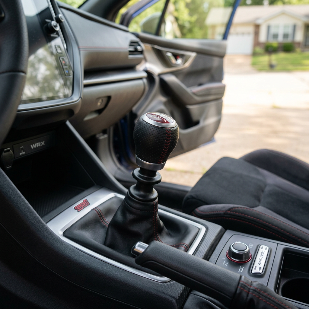 Interior of a car showing a manual gear shift and handbrake with black and red stitching. (Representative image for illustration purposes only. Actual vehicle may vary based on trim and configuration.)
