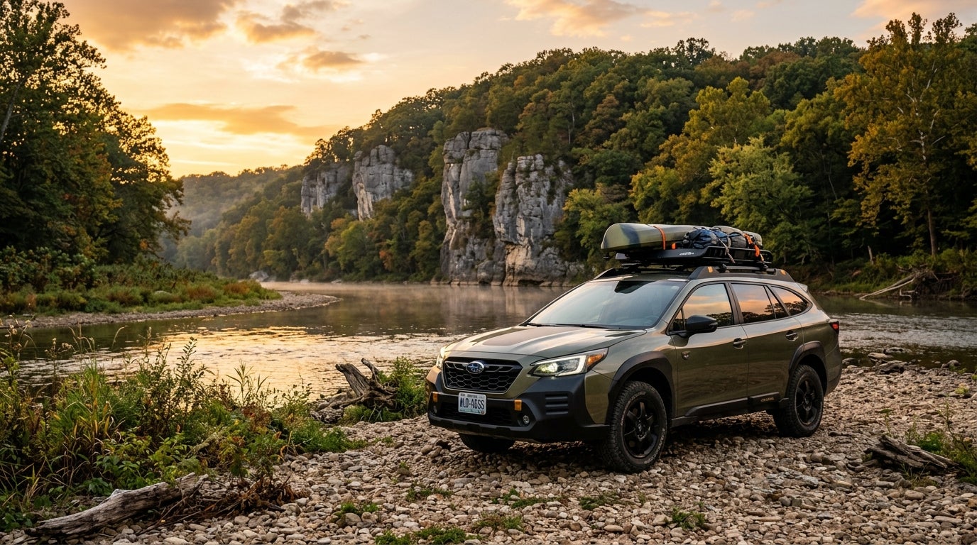AI generated: Cinematic automotive photography of a 2026 Subaru Outback parked on a pebbled riverbank at Meramec State Park in Missouri, towering grey limestone bluffs and dense Ozark hardwood forests of oak and hickory rising in the background, the winding Meramec River reflecting the warm glow of a setting sun, golden hour lighting with long shadows and soft amber hues, low-angle three-quarter view of the vehicle, metallic wilderness green exterior reflecting the sky, roof racks equipped with camping gear, light mist rising off the water, rugged tires on river stones, serene and adventurous mood, ultra-realistic textures, vibrant natural color palette.