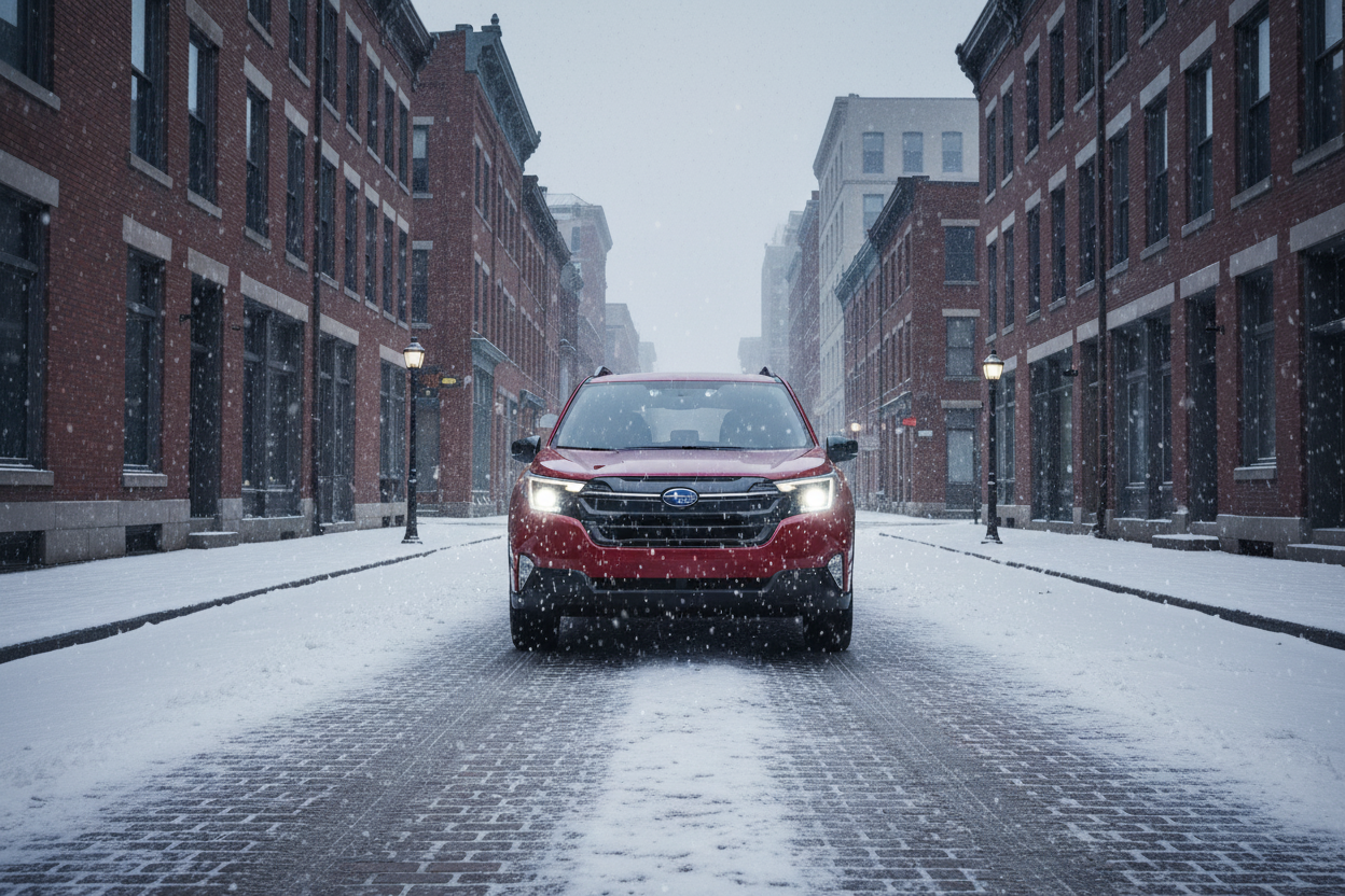 A 2026 Subaru Forester Hybrid handling snowy road conditions in Sunset Hills, MO.