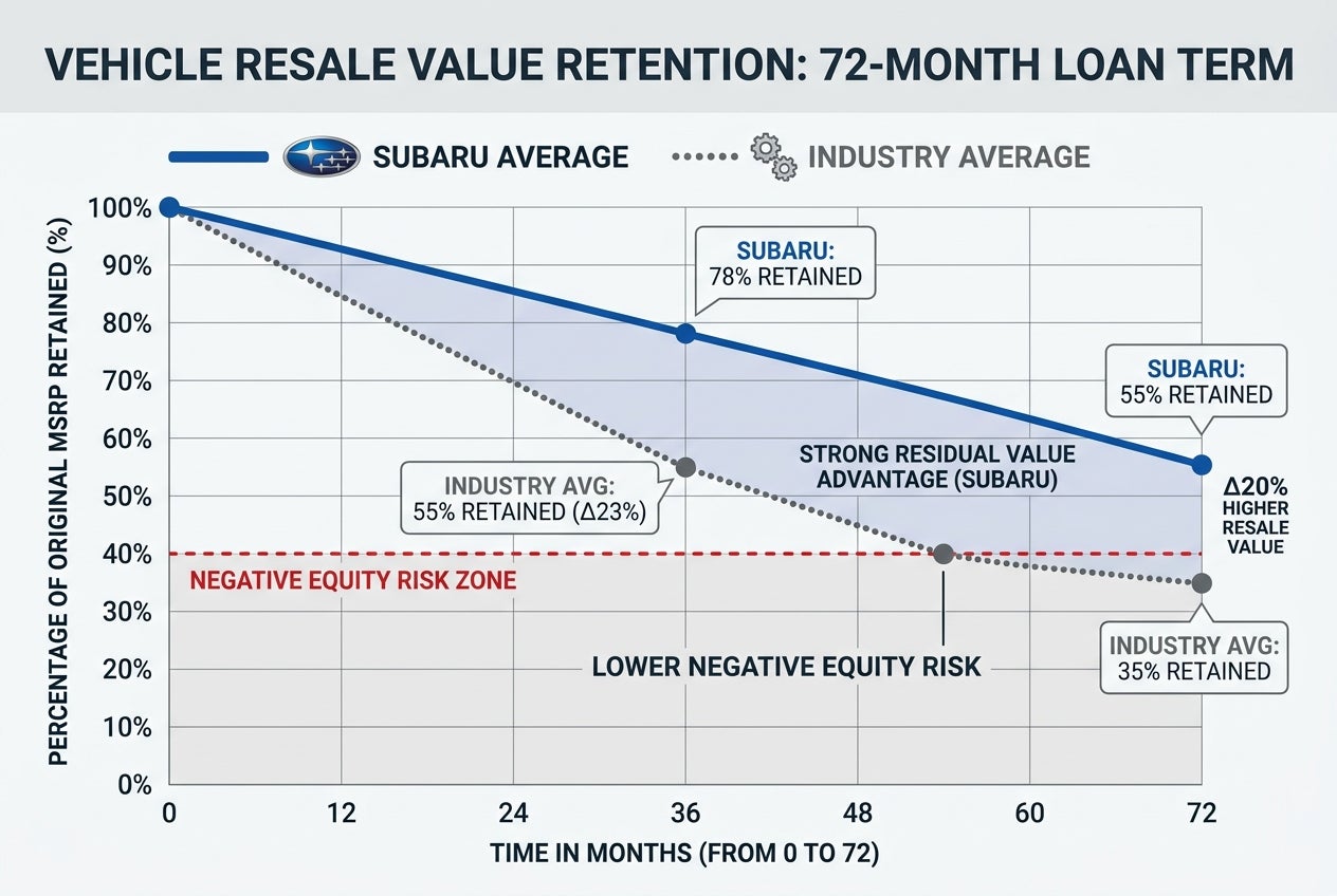 Line graph comparing Subaru average resale value retention vs. industry average over a 72-month loan term. (Representative image for illustration purposes only. Actual vehicle may vary based on trim and configuration.)