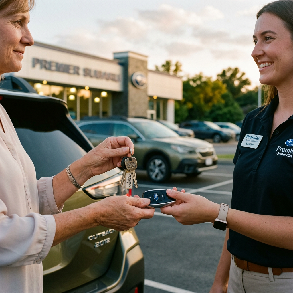 A woman handing over old car keys to a dealership employee in exchange for a new Subaru key fob. (Representative image for illustration purposes only. Actual vehicle may vary based on trim and configuration.)