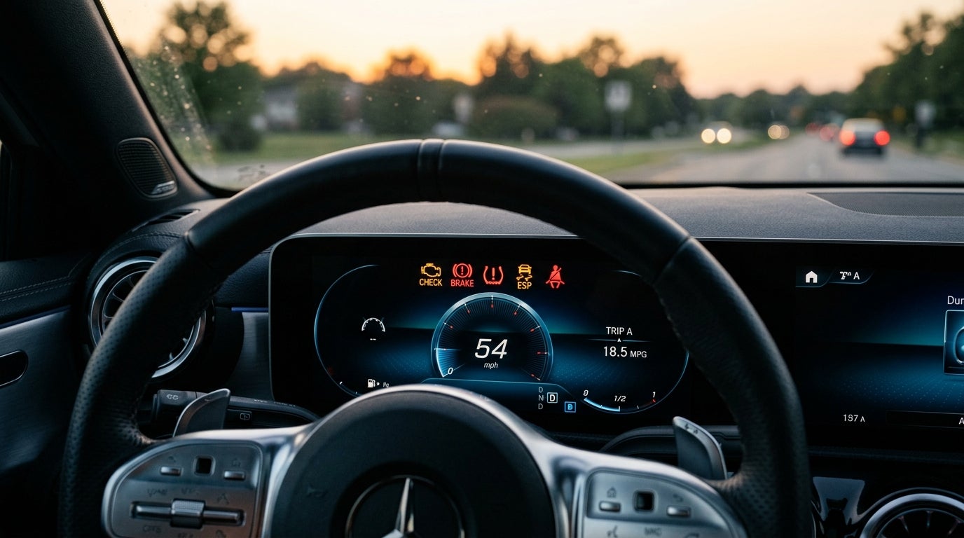 AI generated: Cinematic macro photography of a modern vehicle's digital instrument cluster, focused on a variety of glowing dashboard warning symbols including amber engine icons and red safety indicators, sleek steering wheel with brushed metallic accents in the foreground, soft interior cabin lighting, twilight atmosphere with golden hour sunlight softly blurring through the windshield, realistic textures of soft-touch dashboard materials, deep blacks and cool blue backlighting contrasted against vibrant orange and red illuminated icons, shallow depth of field, sharp focus on the dashboard display, sophisticated and reassuring mood, high-resolution automotive interior photography, suburban landscape blurred in the distance.