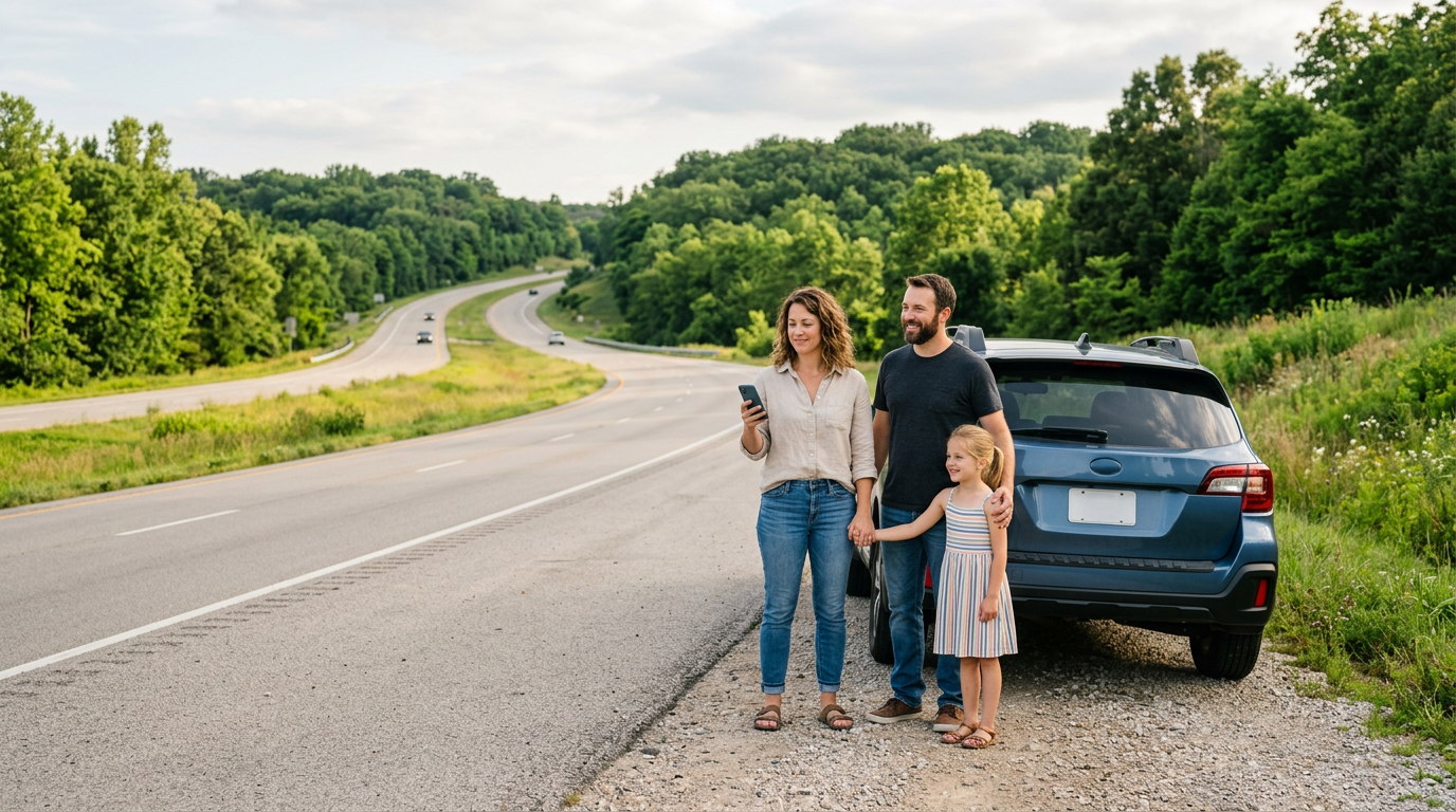 A family of three stands next to their blue SUV on the shoulder of a scenic highway. (Representative image for illustration purposes only. Actual vehicle may vary based on trim and configuration.)