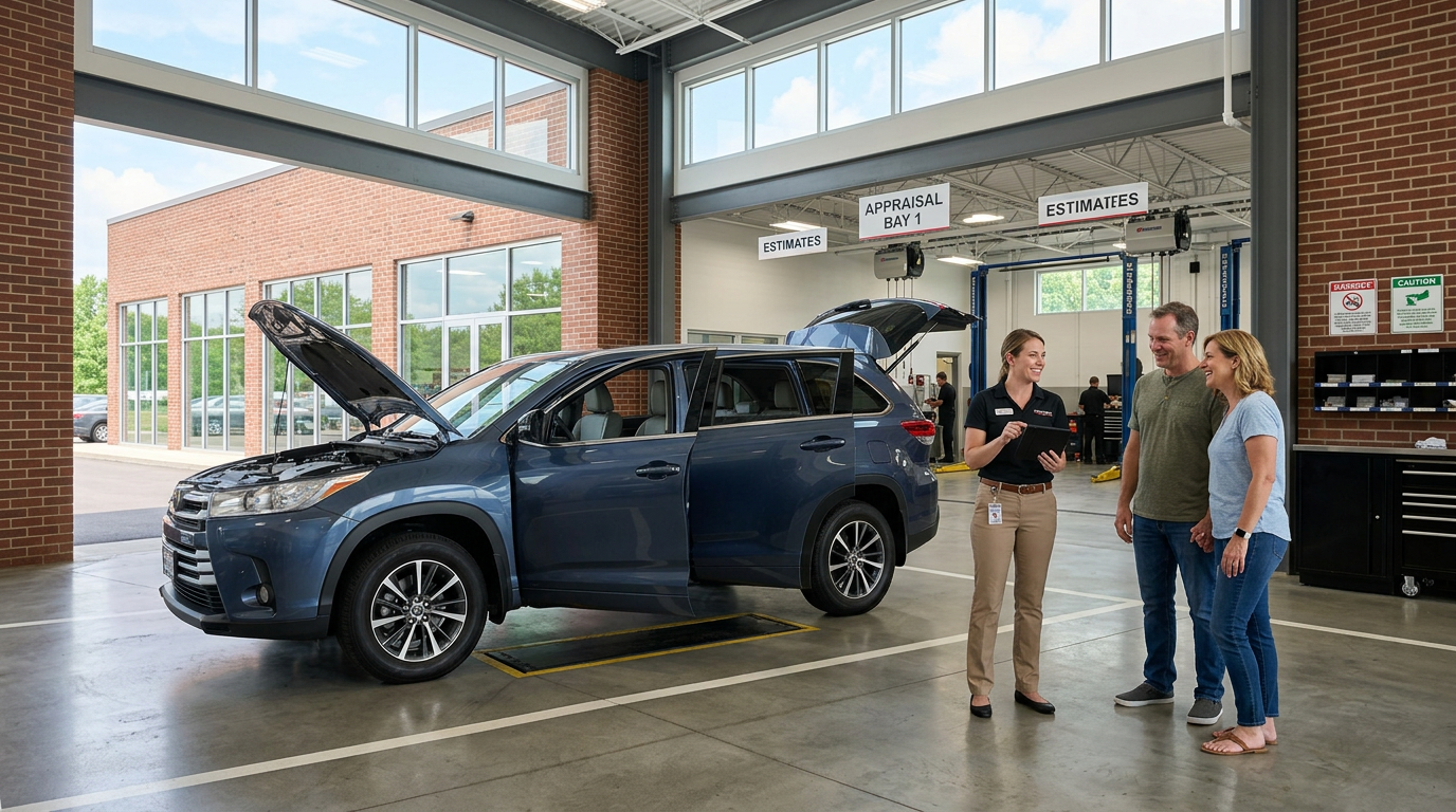 A service advisor using a tablet to assist a couple in a car service bay with a blue SUV. (Representative image for illustration purposes only. Actual vehicle may vary based on trim and configuration.)
