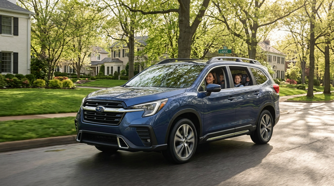 {
 "altText": "A blue Subaru Ascent driving down a tree-lined residential street with a family inside.",
 "title": "Subaru (Representative image for illustration purposes only. Actual vehicle may vary based on trim and configuration.)