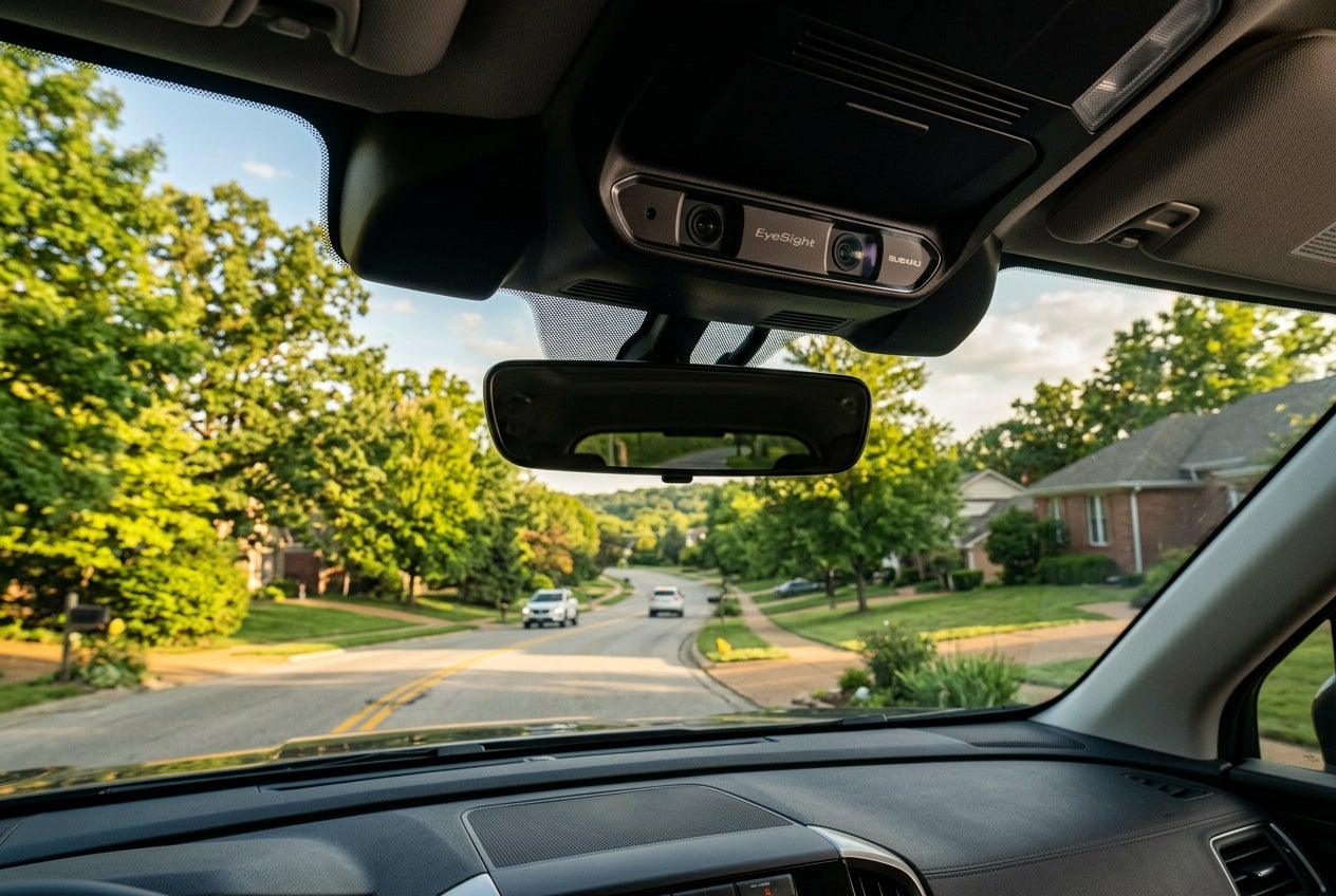 View from inside a Subaru on a suburban road, showing the EyeSight dual-camera safety system above the rearview mirror. (Representative image for illustration purposes only. Actual vehicle may vary based on trim and configuration.)