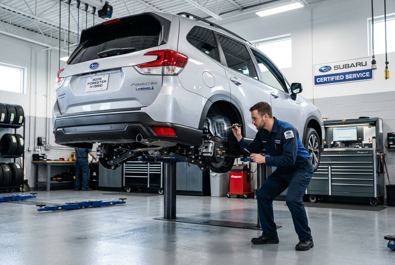Mechanic using a flashlight to inspect the rear suspension and brakes of a silver Subaru Forester on a lift. (Representative image for illustration purposes only. Actual vehicle may vary based on trim and configuration.)