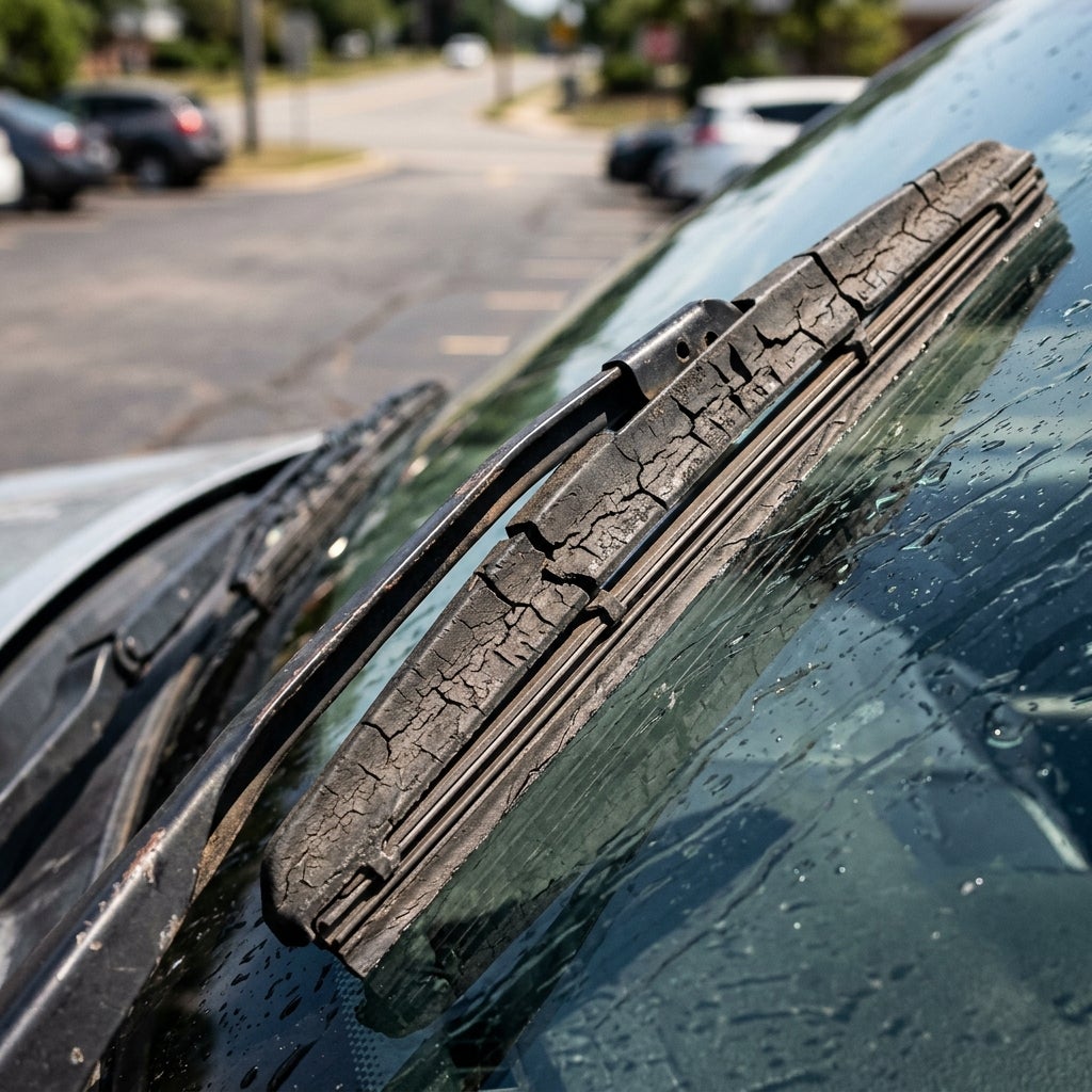 AI generated: Close-up macro photograph of an aged windshield wiper blade exposed to extreme summer heat. The rubber edge appears cracked, hardened, and inflexible. In the background, the blade skips across a windshield leaving uneven streaks of water. Bright summer sunlight, heat waves rising from hot asphalt, professional automotive maintenance advertisement, highly detailed textures, realistic materials, cinematic depth of field, 8K resolution.