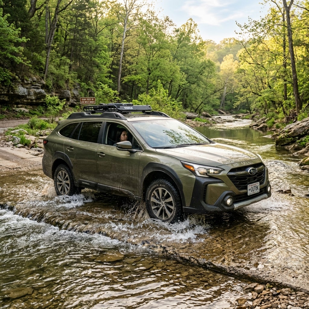 AI generated: Ultra-realistic automotive photography of a 2026 Subaru Outback confidently crossing a shallow Ozark creek at a low-water bridge in southern Missouri. Crystal-clear water splashes around the tires while the vehicle's elevated stance keeps critical components safely above the waterline. Dense Ozark forest, limestone creek banks, and spring greenery surround the scene. Early morning sunlight reflects off the water, creating a dramatic yet natural atmosphere. Professional automotive commercial photography, cinematic lighting, HDR, ultra-detailed, 8K resolution, adventure lifestyle aesthetic, magazine-quality Subaru advertising.