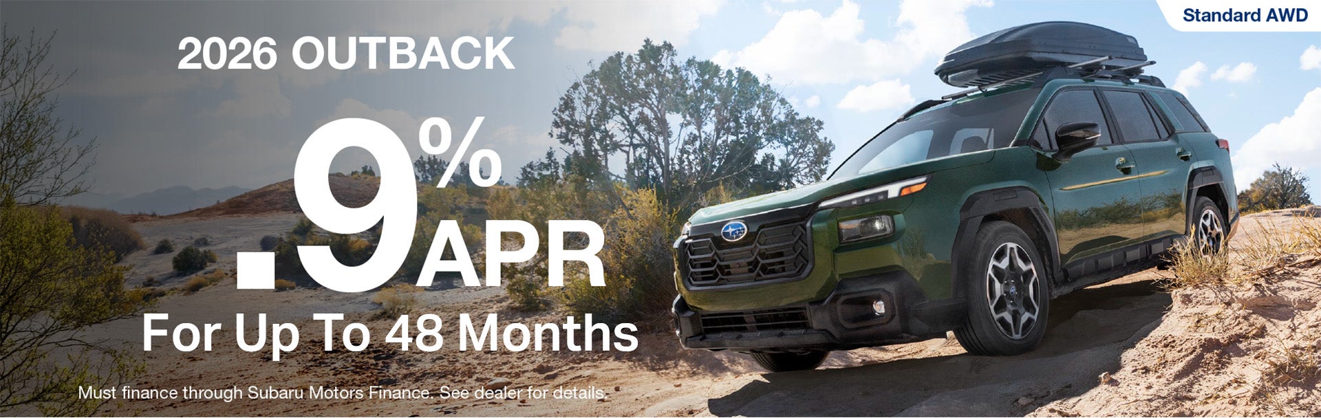 Promotional banner for the 2026 Subaru Outback offering 0.9% APR financing for up to 48 months.