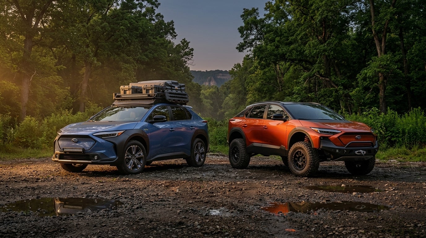 AI generated: Commercial advertising photography, two customized Subaru SUVs parked side-by-side on a rugged gravel clearing in the Missouri Ozark foothills near Sunset Hills, photorealistic CGI, the Subaru Uncharted model on the left featuring an overlanding roof rack and heavy-duty gear, the Subaru Trailseeker on the right showcasing high-clearance suspension and rock-crawling tires, low-angle wide shot emphasizing durability and ground clearance, lush oak and hickory forest background with dense summer greenery, Missouri River bluffs in the distance, dramatic golden hour lighting, rich dark tones with deep shadows and warm amber highlights, dusk twilight atmosphere, hazy humid air, soft sky reflections on the metallic vehicle paint, damp soil textures, professional automotive marketing style.