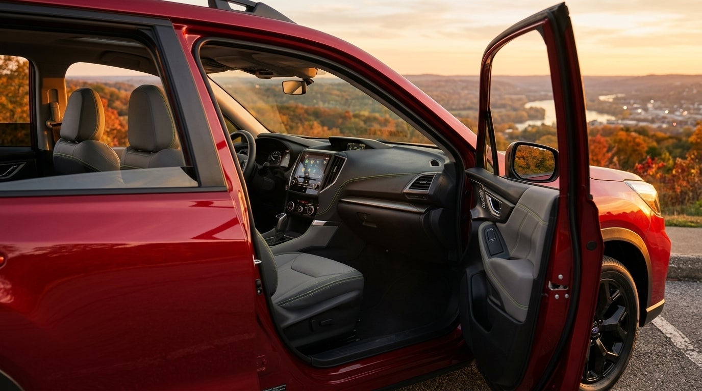 AI generated: A detailed, professional automotive lifestyle photograph of a Subaru Forester Onyx Edition parked on a scenic overlook in Sunset Hills, Missouri during the golden hour, the vehicle’s Crimson Red pearl finish reflecting the warm orange glow of the setting sun, focusing on the sophisticated interior through an open door, showcasing the dual-tone gray StarTex water-repellent upholstery with signature lime green stitching, the large vertical touchscreen infotainment system glowing softly on the dashboard, blacked-out exterior trim and wheels providing a rugged contrast, lush Midwestern autumn foliage and rolling hills in the soft-focus background, cinematic lighting emphasizing textures of the cabin, low-angle perspective, wide-aperture depth of field, high-end commercial photography style, crisp details, vibrant and warm color palette.