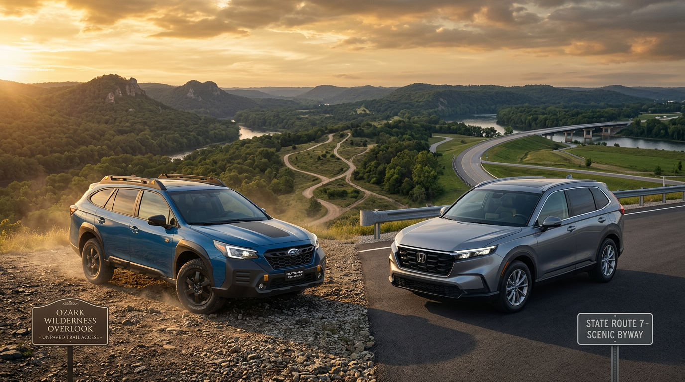 A blue Subaru Outback on a rocky trail next to a grey Honda CR-V on a paved road at sunset. (Representative image for illustration purposes only. Actual vehicle may vary based on trim and configuration.)