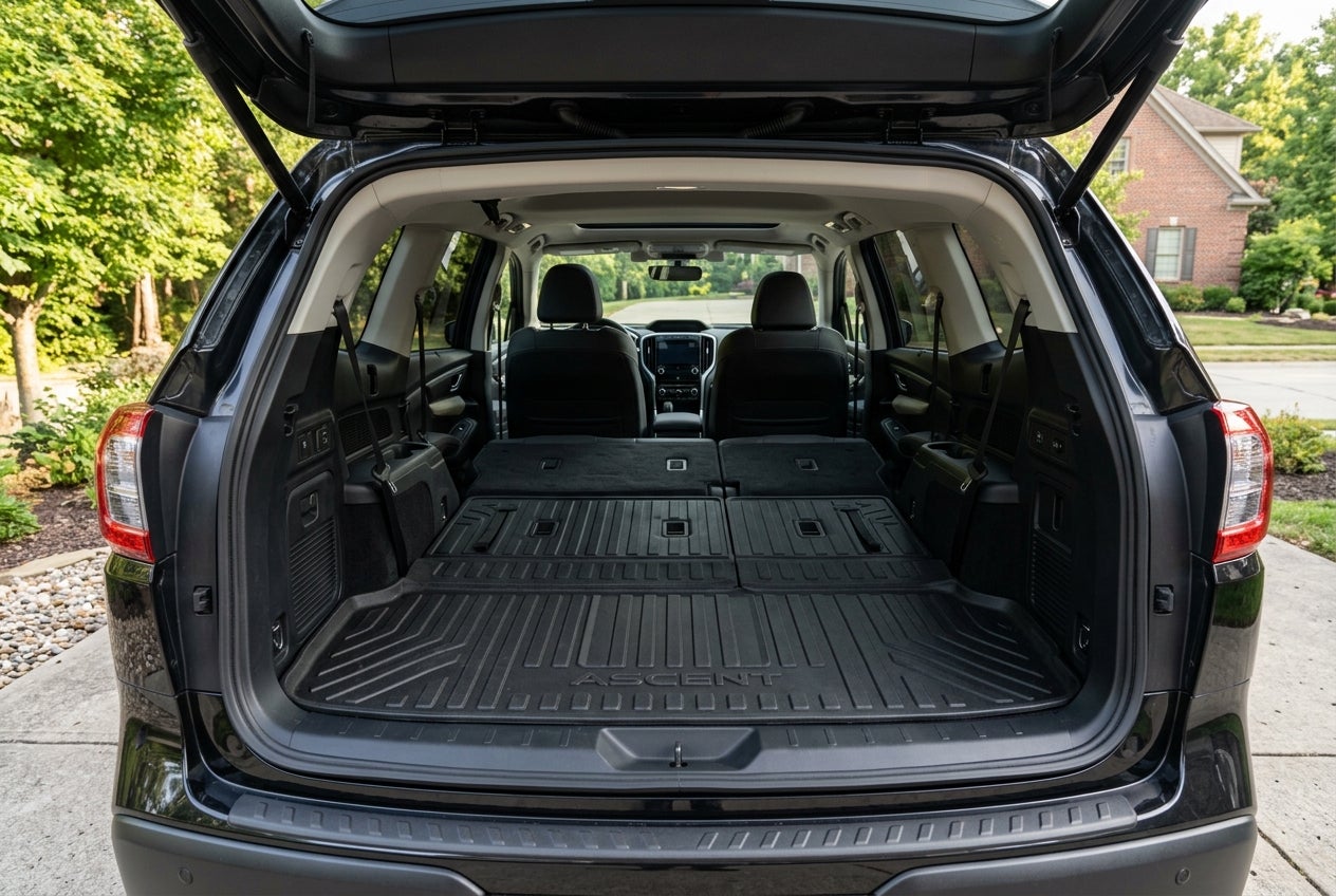 Open trunk of a dark SUV with second and third-row seats folded flat and a black rubber cargo mat. (Representative image for illustration purposes only. Actual vehicle may vary based on trim and configuration.)