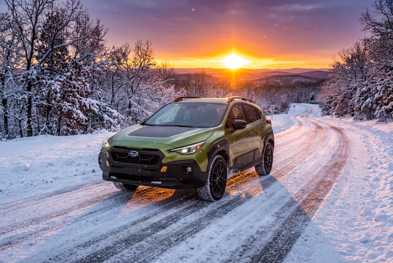 A new Subaru Crosstrek parked in a scenic Missouri landscape during sunset