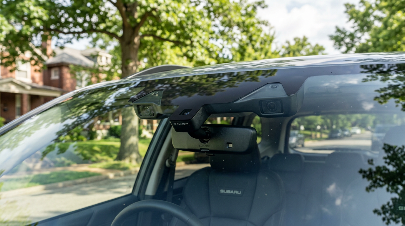 Subaru EyeSight driver-assist safety cameras mounted on a windshield near the rearview mirror. (Representative image for illustration purposes only. Actual vehicle may vary based on trim and configuration.)