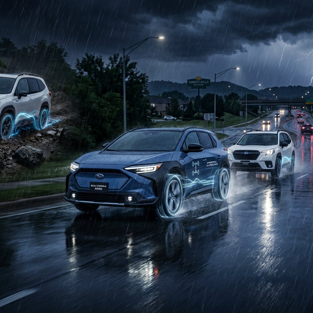 AI generated: Ultra-realistic cinematic automotive advertisement featuring a futuristic 2026 Subaru Solterra and 2026 Subaru Forester Hybrid driving through a powerful Midwest thunderstorm at night in Sunset Hills, Missouri. Heavy rain pours across a slick suburban roadway with reflections of streetlights shimmering on wet pavement. One vehicle confidently cuts through standing water while glowing electric energy pulses subtly through the wheels and drivetrain, visually representing intelligent electric torque vectoring and Symmetrical All-Wheel Drive reacting in real time.
The scene conveys split-second traction correction with holographic AWD graphics, illuminated torque flow lines moving between all four wheels, and dynamic blue electric accents surrounding the drivetrain. Water sprays dramatically from the tires while the vehicles remain perfectly stable and planted. In the background, faint silhouettes of Missouri hills, storm clouds, and distant suburban architecture create an authentic St. Louis-area atmosphere.
A secondary off-road environment fades into the composition: rocky muddy terrain illuminated by soft electric-blue lighting, where the Subaru effortlessly crawls over obstacles with smooth low-speed precision. Emphasize instant torque from 0 RPM, advanced hybrid engineering, and futuristic traction control technology.
Style: hyper-detailed, photorealistic, cinematic lighting, volumetric rain and fog, dramatic contrast, glossy reflections, premium automotive commercial aesthetic, ultra-sharp detail, realistic water physics, moody blue and silver color palette, 8K quality, dynamic motion blur, powerful yet refined atmosphere.