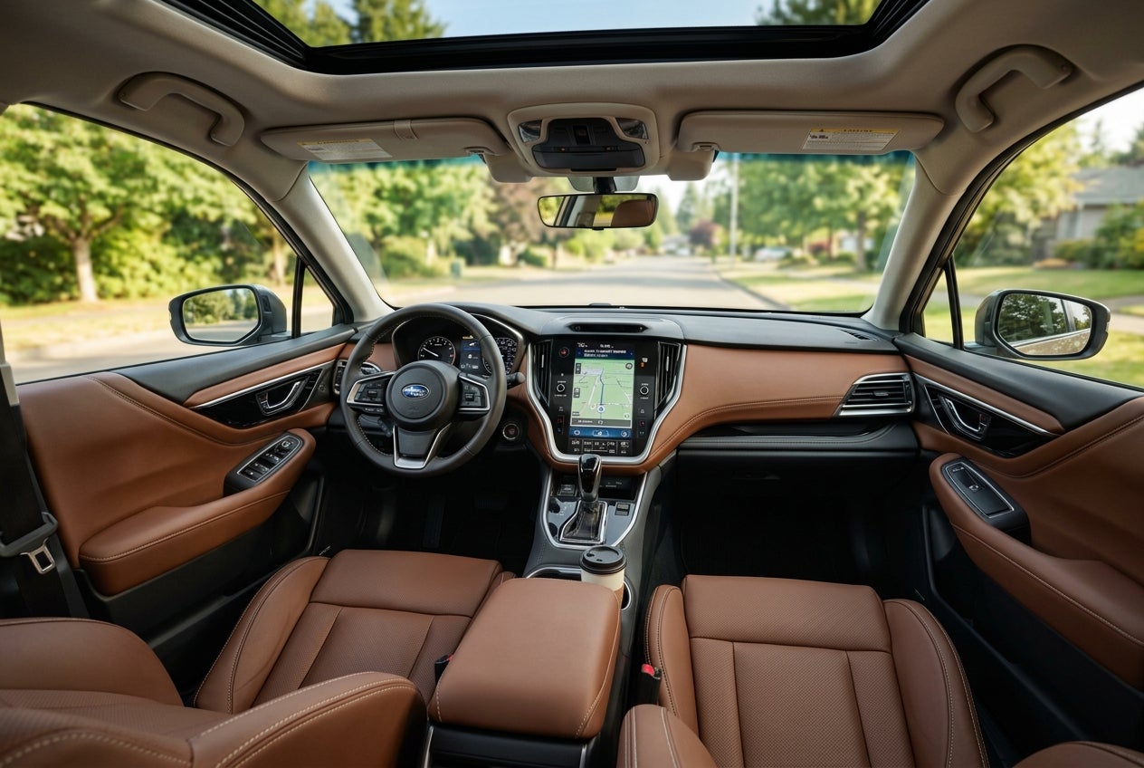 Front interior view of a Subaru vehicle featuring saddle brown leather seats, touchscreen display, and open sunroof. (Representative image for illustration purposes only. Actual vehicle may vary based on trim and configuration.)