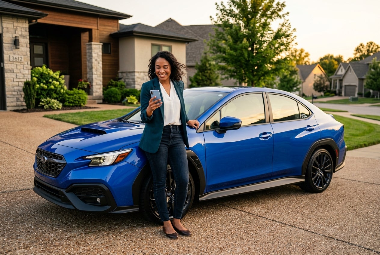 AI generated: A young professional standing proudly beside a brand-new 2026 Subaru WRX outside a modern suburban home in St. Louis. The driver is smiling while reviewing financing approval on a smartphone. The WRX sits in the driveway gleaming under golden-hour sunlight. The scene conveys financial confidence, attainable performance, and smart decision-making. Clean neighborhood setting, subtle Subaru enthusiast lifestyle elements, realistic people, authentic emotions, premium automotive photography, cinematic lighting, ultra-detailed vehicle rendering, shallow depth of field, realistic reflections, magazine-cover quality, 8k resolution.