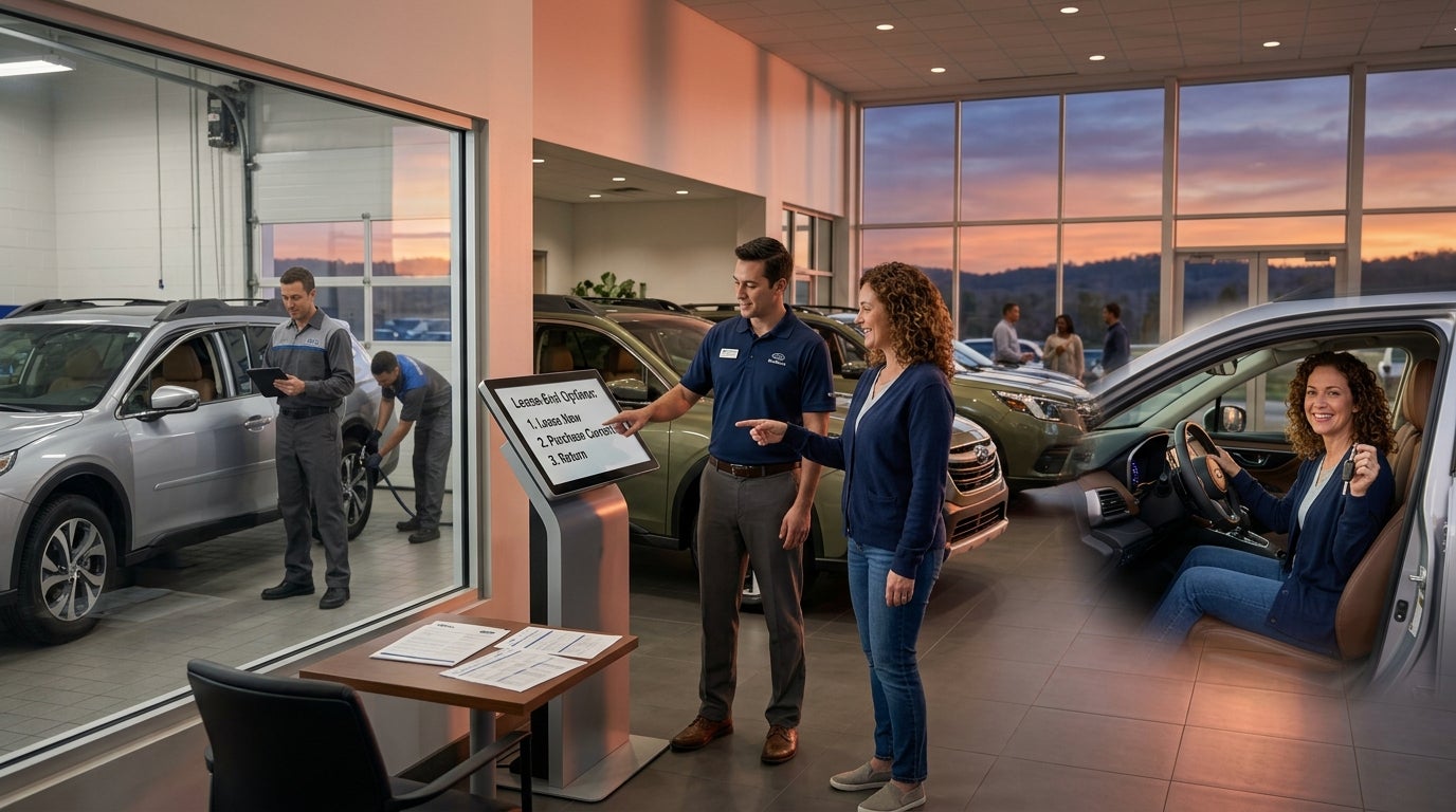 AI generated: Photorealistic cinematic Subaru dealership lease-end experience scene inside a modern, welcoming Subaru showroom in Sunset Hills, Missouri, featuring a happy 2026 Subaru Outback owner exploring multiple end-of-lease options with a professional Subaru consultant. In the foreground, the customer stands beside their well-maintained Outback while viewing a lineup of brand-new 2027 Subaru models showcasing updated technology, advanced safety systems, and sleek modern styling. A second visual moment subtly highlights the customer smiling proudly inside their current Outback, symbolizing the option to purchase the vehicle they’ve grown attached to at the residual value. Nearby, a transparent and stress-free vehicle inspection process takes place with a Subaru service advisor calmly reviewing the vehicle on a digital tablet, emphasizing honesty and simplicity. Warm showroom lighting reflects off polished paint, glass, and tile floors, while large windows reveal a beautiful Missouri sunset outside the dealership. Ultra-detailed textures on leather interiors, metallic paint, illuminated dashboards, paperwork, and dealership architecture, cinematic depth of field, premium automotive commercial aesthetic, reassuring and customer-focused atmosphere, 8K ultra realism.